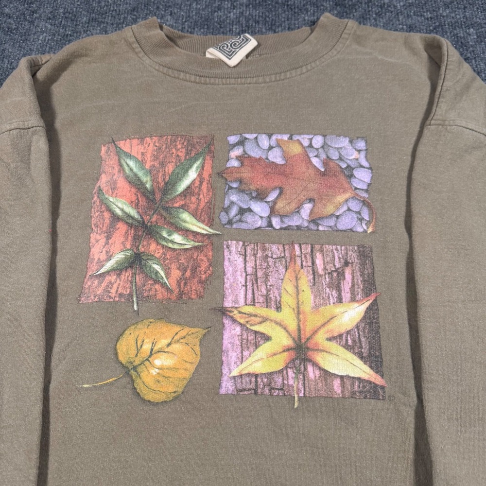 Vintage 90's Nature Graphic Crewneck Sweatshirt Tan Leaves Earth Tone